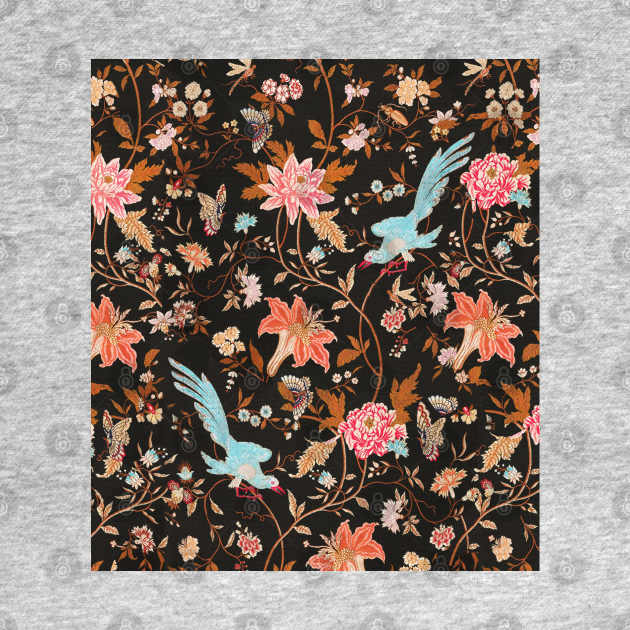 BLUE BIRDS,POMEGRANATE FLOWERS AND BUTTERFLIES Antique Red Brown Floral Pattern by BulganLumini